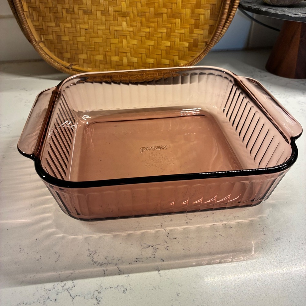Vtg Pyrex Baking Dish 2QT Cranberry Visions Square Ribbed Glass USA Retro MCM